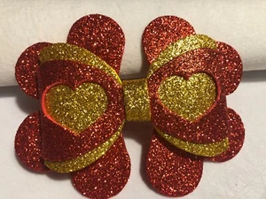VALENTINE 3 LAYER DOUBLE HEART HAIR BOW, RED AND GOLD, 4.5 X 3.5", HOMEMADE - Picture 1 of 4