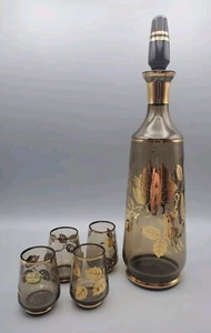 Vintage Czech Bohemia Crystal Satin Gold Leaf Decanter & 4 Stemless Glasses - Picture 1 of 8