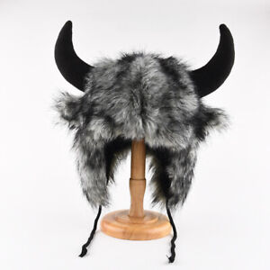 Women Men Faux Fur Beanie Hat Cap Cute Fancy Dress Ox Horn Ear Winter Warm