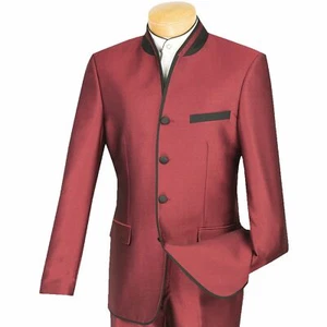 VINCI Men's Burgundy Sharkskin Banded Collar Slim Fit Tuxedo Suit NEW - Picture 1 of 3