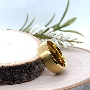 8MM Yellow gold Polished Tungsten Ring Brushed Center Unisex Comfort Fit Band - Picture 1 of 4
