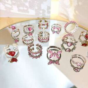 Y2K Pink Crystal Irregular Heart Ring Vintage Shiny Zircon Opal Love Open Ring