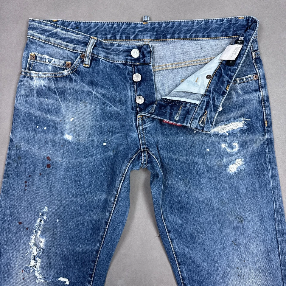 Pantalón de mezclilla Dsquared2 Jeans Hombre 34x27 Azul Hecho en Italia Pintado Botón Distress Fly Foto 1 de 4
