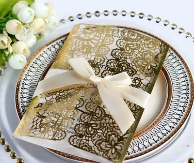 50/100 Personalizado Floral Encaje Corte Láser Boda Fiesta Invitación Obtener Tarjeta Foto 1 de 4