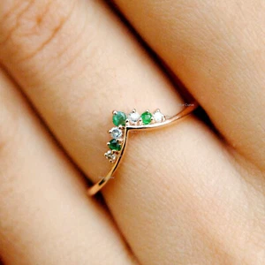 3 Emerald Diamond Crown Ring 14k Solid Rose Gold Fine Stackable Jewelry US 7 - Picture 1 of 2