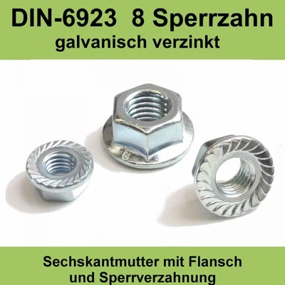 M8 DIN 6923 verzinkte Sechskant Flansch Muttern mit Sperrzahn Bund Mutter 8.  - Bild 1 von 3