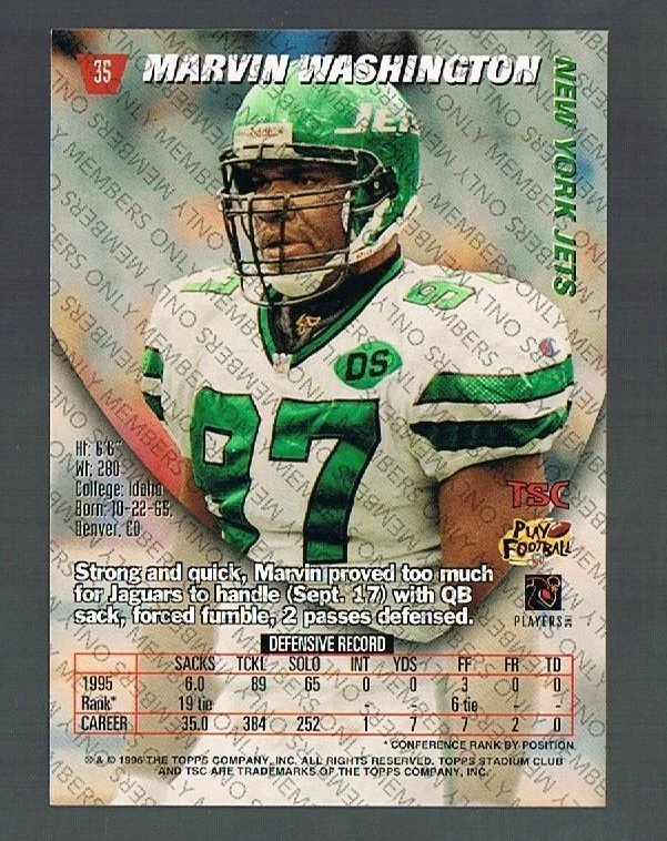 96 Stadium Club Members Only MARVIN WASHINGTON #35 Jets - Image 1 of 1