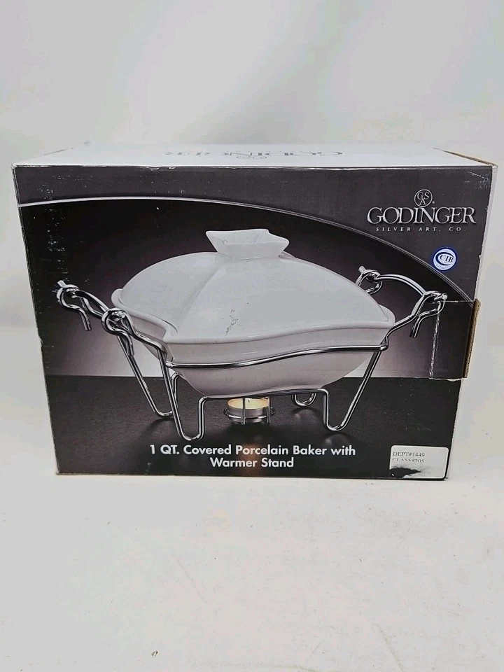 SIENNA by GODINGER White Ceramic Covered Chafing / Casserole Dish & Metal Stand - Image 1 of 4