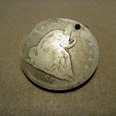1866  SEATED HALF DOLLAR * NEAT COIN * HOLE * CHEAP - Image 1 of 4