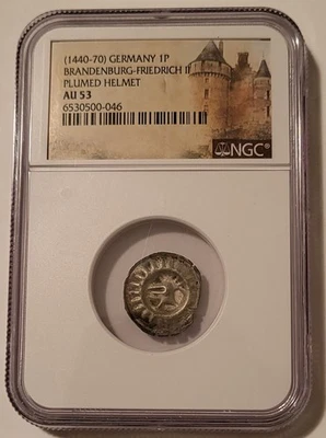 Germany Brandenburg Friedrich II (1440-70) Pfennig Plumed Helmet AU53 NGC - Image 1 of 4