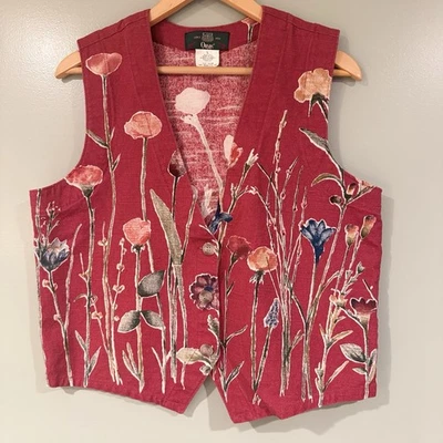 Vintage Orvis Women's Vest Large Red Floral Festival Boho Cottagecore Tulips EC - Image 1 of 4