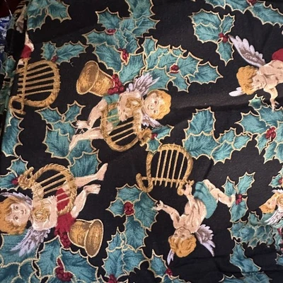 Vtg Christmas Fabric Cherubs Harps Holly Berry Black Background Moda Cotton 1 Y - Image 1 of 2