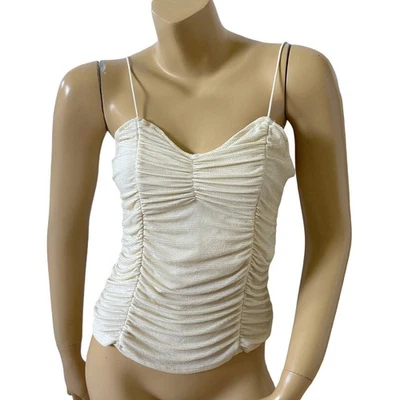 No Boundaries Womens M (7-9) Cream Gold Sparkle Ruched Spaghetti Strap Cami NWT - Image 1 of 4