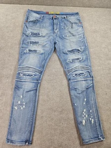 Pantalones de mezclilla Demolition para hombre 40x32 lavado ligero pintura envejecida salpicaduras motociclista - Imagen 1 de 19