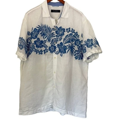 Tommy Bahama Linen Hawaiian White Button Down Short Sleeve Shirt Blue Floral XL - Image 1 of 4