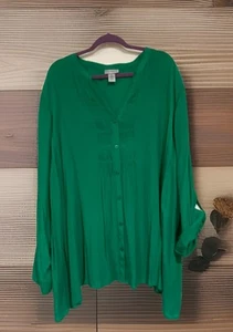 Camicetta Catherines Plus Size 4XGverde con bottoni pintuck manica lunga 3/4 nuova con etichetta - Foto 1 di 5