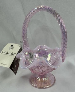 Vintage Fenton rosa gedrehter Griff Korb opalisierendes Glas Rüschenrand Rosen Etiketten Sm - Bild 1 von 13