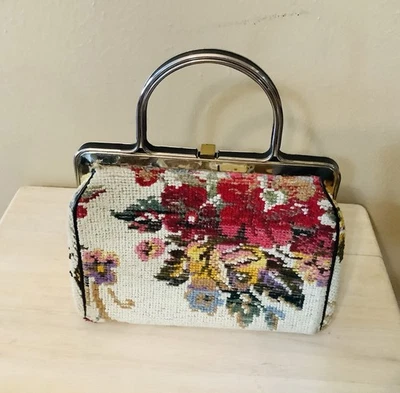 Floral Needlepoint Tapestry Carpet Hand Bag Vintage with Clasp Metal Handle - Image 1 of 4
