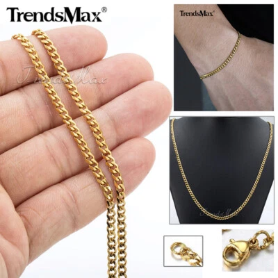 3mm Gold Plated Stainless Steel Curb Cuban Chain Bracelet Neckalce Set Men Women - Image 1 of 4