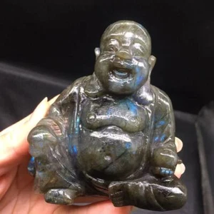 Natural Rainbow Labradorite Crysta Carved Maitreya Buddha Healing Reiki Deco 1Pc - Picture 1 of 22
