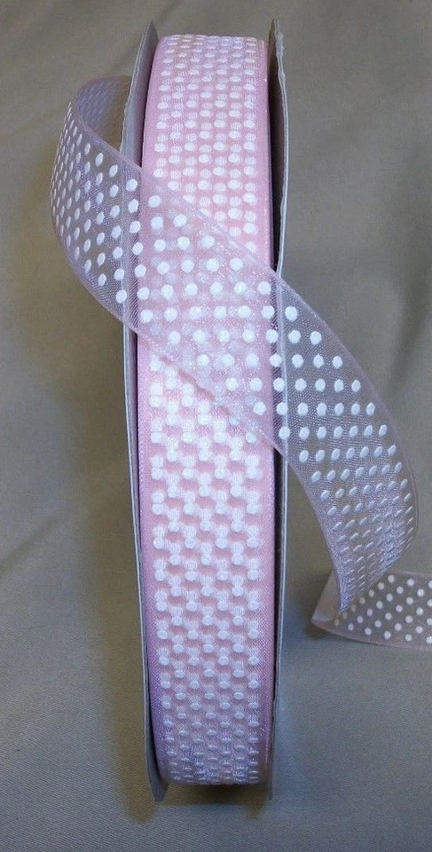 10 Yds.  LIGHT PINK OPALESCENT SWISS DOTS SHEER RIBBON 7/8" wide - Image 1 of 1