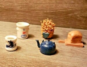 Vintage Dollhouse Miniatures: Red Wing Crock, Delft, Teapot, Bread/Board, Basket