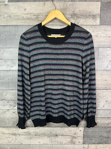 Oliver Bonas Womens Jumper UK 10 Black Blue Glitter Stripe Knit Sparkle Xmas - Picture 1 of 9