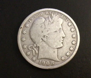 1908-D Barber Silver Half Dollar, VG Details. Partial LIBERTY! E10 - Picture 1 of 2
