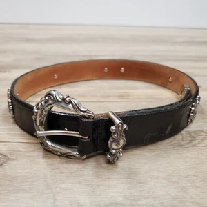 Brighton Vtg 1993 Black Croc Embossed Leather Belt Size Small Silver Rodeo 42203 - Picture 1 of 9