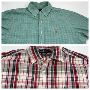 2 RALPH LAUREN Linen Cotton Shirts Large Button Up Classic FIt Green/Red Plaid - Picture 1 of 18