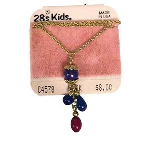 NEW Vintage 28s Kids 1928 Acrylic Beaded Pendant Necklace Purple Blue Gold Tone - Picture 1 of 4
