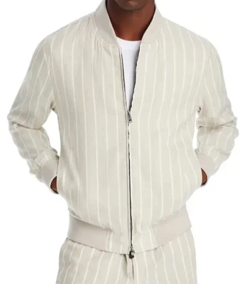 HUGO BOSS Bomber Jacket Mens Size 40 R Tan Stripe Slim Fit Linen HANRY $595 - Image 1 of 4