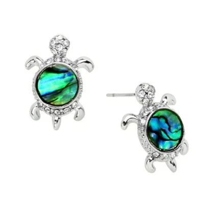 Turtle Earrings Turtle Stud Earrings Abalone Shell Silver Metal Crystal SLV 0434 - Image 1 of 2