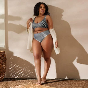 Womens High-Waist Gray and White Swimsuit 2-pc Bikini XS-3XL Removable Padding - Picture 1 of 24
