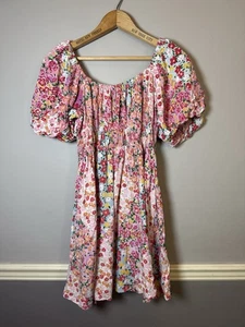 Angie Puffärmel Blumen gesmoktes Mieder Midikleid Gr. L Viskose Cottagecore Land - Bild 1 von 5