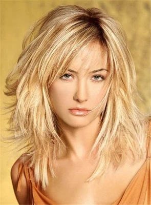 Pelucas sin tapa rubias de cabello sintético de longitud media desordenadas en capas 16 pulgadas Foto 1 de 4