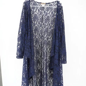 Vintage Navy Blue Open Front Long Floral Lace Duster Cardigan 5X Casual USA - Picture 1 of 12