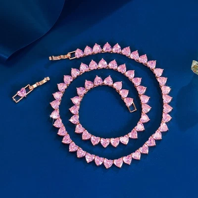Romantic 585 Rose Gold Pink CZ Love Heart Tennis Choker Necklace for Women Party - Image 1 of 4