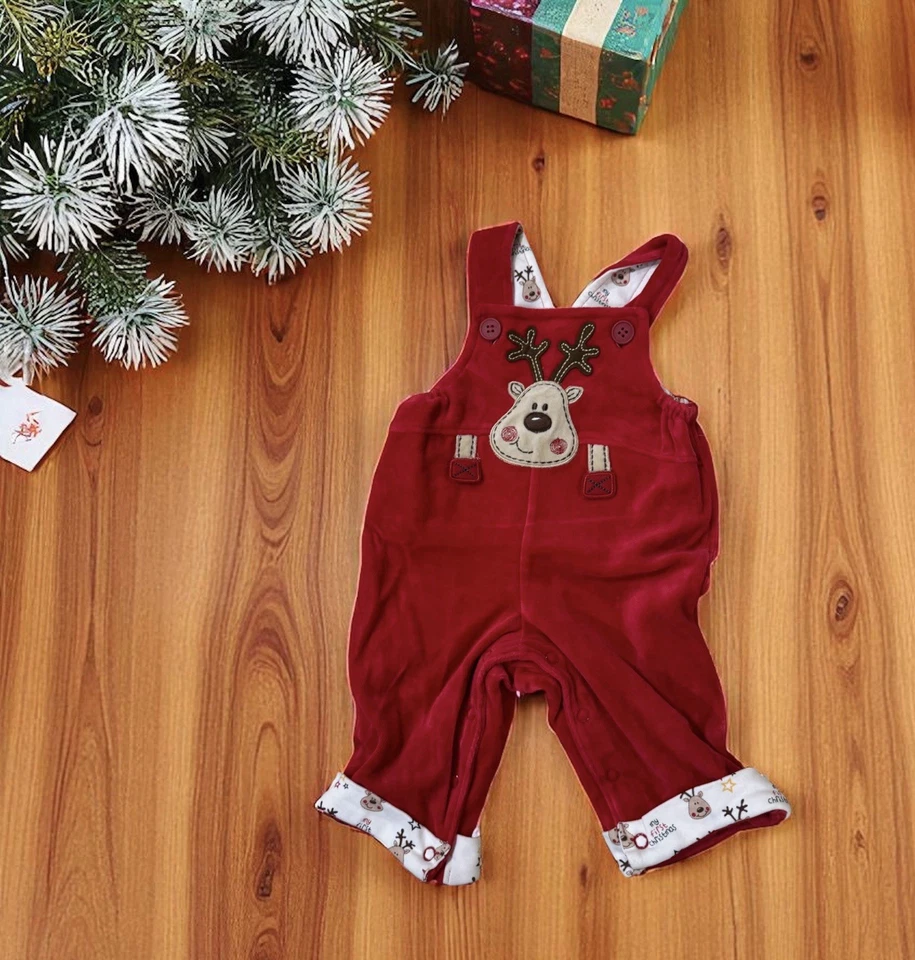 Christmas 🎄 Red Velour Overalls  3 - 6 Months Reindeer 🦌 - Image 1 of 1