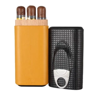 Estuche para cigarros Galiner clásico de cuero negro y amarillo soportes para humidificadores 3 tubos con cortador - Imagen 1 de 8