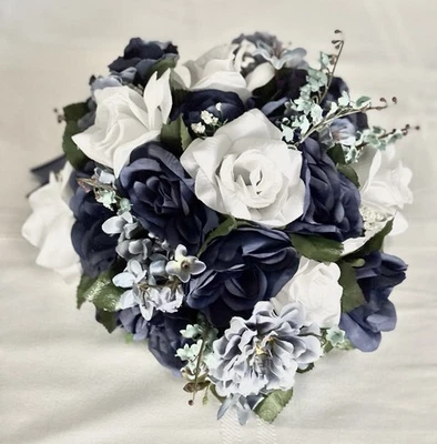 Navy & White Silk Flower Bouquet For Bride / Wedding - Image 1 of 4