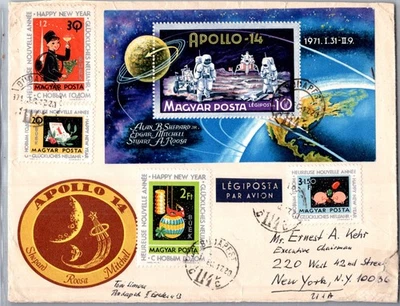 HUNGRÍA 1971 CACHET CORREO AÉREO CUBIERTA RECUERDO HOJA TEMA ESPACIO APOLLO-14 MATASELLOS Foto 1 de 2