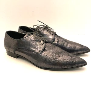 Miu Miu Oxford Lace Up Waxed Leather Metallic Crinkle Womens 9.5 EU 39.5 - Picture 1 of 11