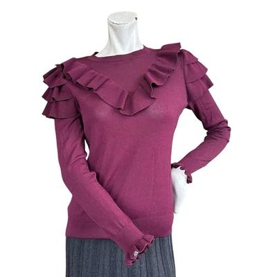 Ted Baker Yowsie Maroon Long Sleeve High Neck Modest Ruffle Trim Sweater US 4 - Image 1 of 4