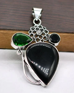 Colgante De Joyería Étnica Hecho A Mano De Ónix Negro Y Verde 1" P 4875 - Imagen 1 de 5