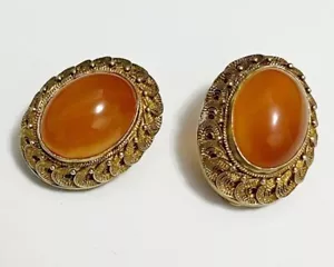 Vintage Orangey Red Carnelian Silver filigree Clip on Earrings - Picture 1 of 15