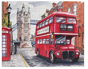 Puzzle de obra de arte London England Tower Bridge y autobús de dos pisos - Reino Unido 80 piezas - Imagen 1 de 2