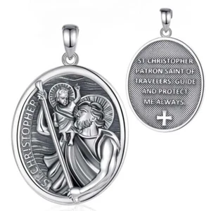 925 Sterling Silver Saint Christopher Two-Sided Necklace - Picture 1 of 12