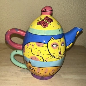 CATS TEA FOR ONE Happy Dogs & Cats HAND PAINTED Karen Geff TEA POT & TEA CUP - Picture 1 of 11