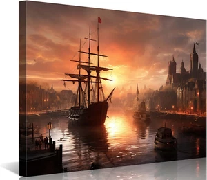 Pirate Ship Wall Art Nautical Decor Sailboat Seascape Sunset Posters Canvas P... - Picture 1 of 1